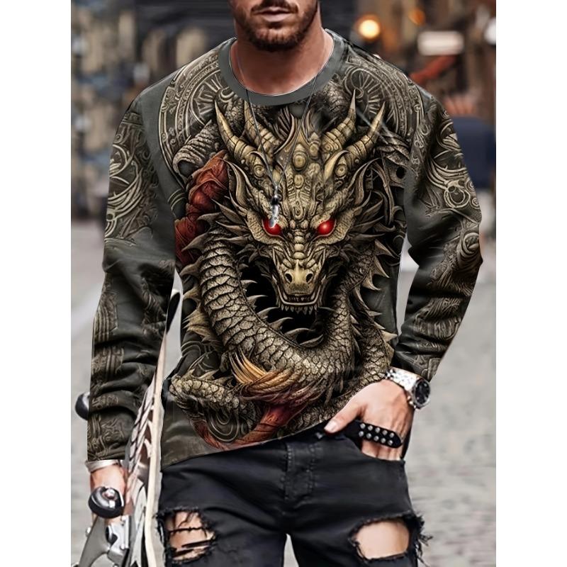 Dragon Pattern 3D Print Long Sleeve T-shirt, Chic Stretch Pullover Tops