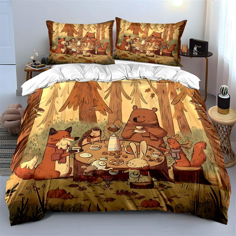 Cozy Woodland Animal Tea Party Printed Duvet Cover Set1 Duvet Cover+2 Pillowcasemulti Size Bedroom Bedding Decor Luxury Gifts