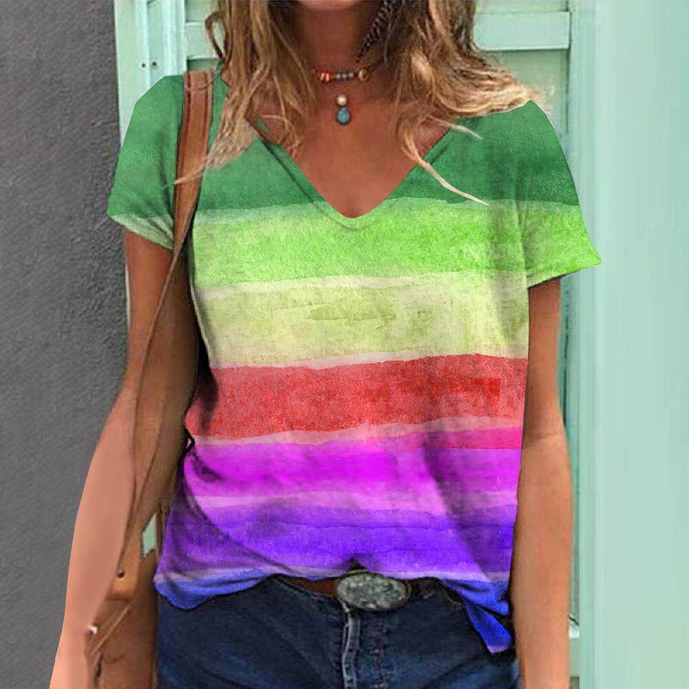 3D Striped Print T-Shirts For Women Oversized V-Neck Short Sleeve Tops Summer Fashion Popular Female Clothing 2024 Streetwear