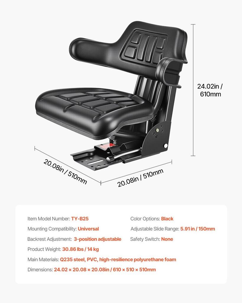 Waterproof Forklift Seat Adjustable Tractor Suspension Seat Mower Digger