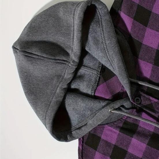 Fall Spring Men Shirt Hooded Drawstring Long Sleeves Color Matching Plaid Print Single-breasted Daily Wear School