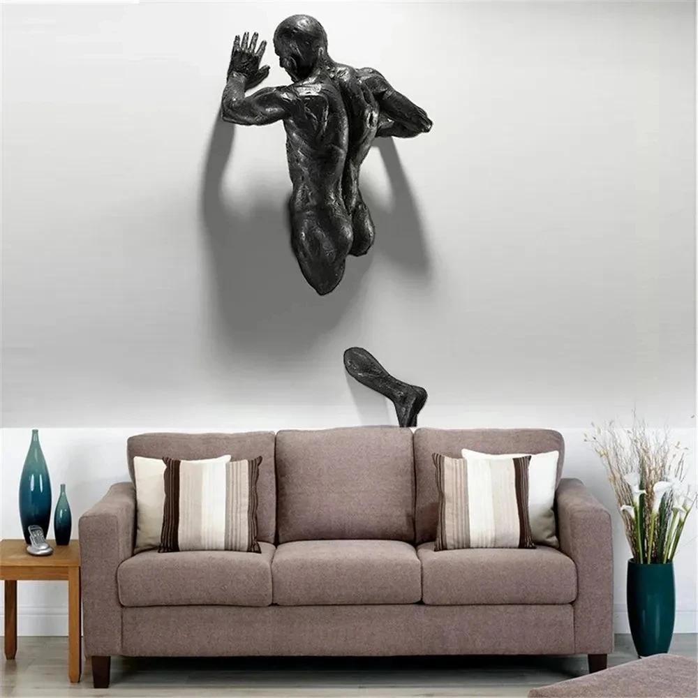 Imitation Copper Wall Decor Abstract Character Resin Rock Climbing Man Statue Sculpture Background Wall Art 3D Through Wall