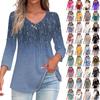 Рубашки для женщин, модные футболки на пуговицах с v-образным вырезом, повседневные летние футболки с принтом, футболка, блузка, топы с рукавами три четверти для женщин