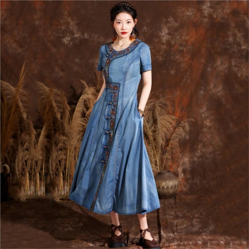 Johnature Летнее женское однобортное платье Cheongsam в китайском стиле с пряжкой в винтажном ковбойском платье с вышивкой