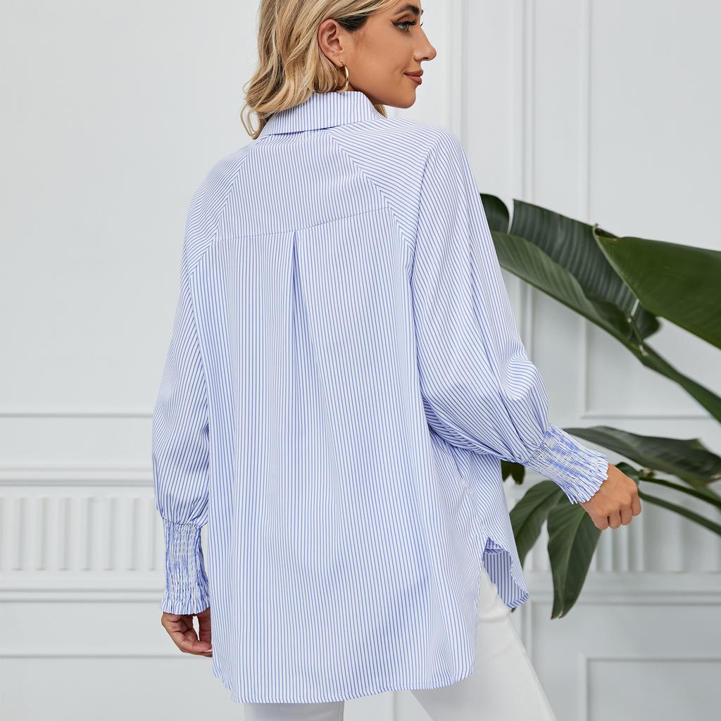 YYFS Женские модные повседневные весенне-осенние рубашки-поло с длинным рукавом и принтом в полоску, блузки и рубашки