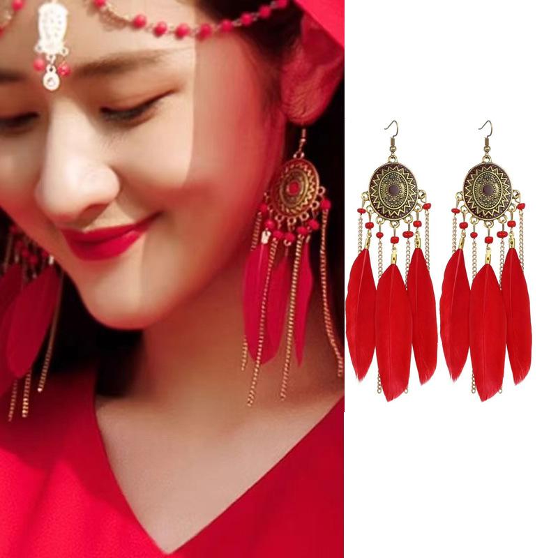 Этнический стиль длинные серьги с перьями и бахромой красные женские модные ретро-серьги в национальном стиле праздничные фотоукрашения