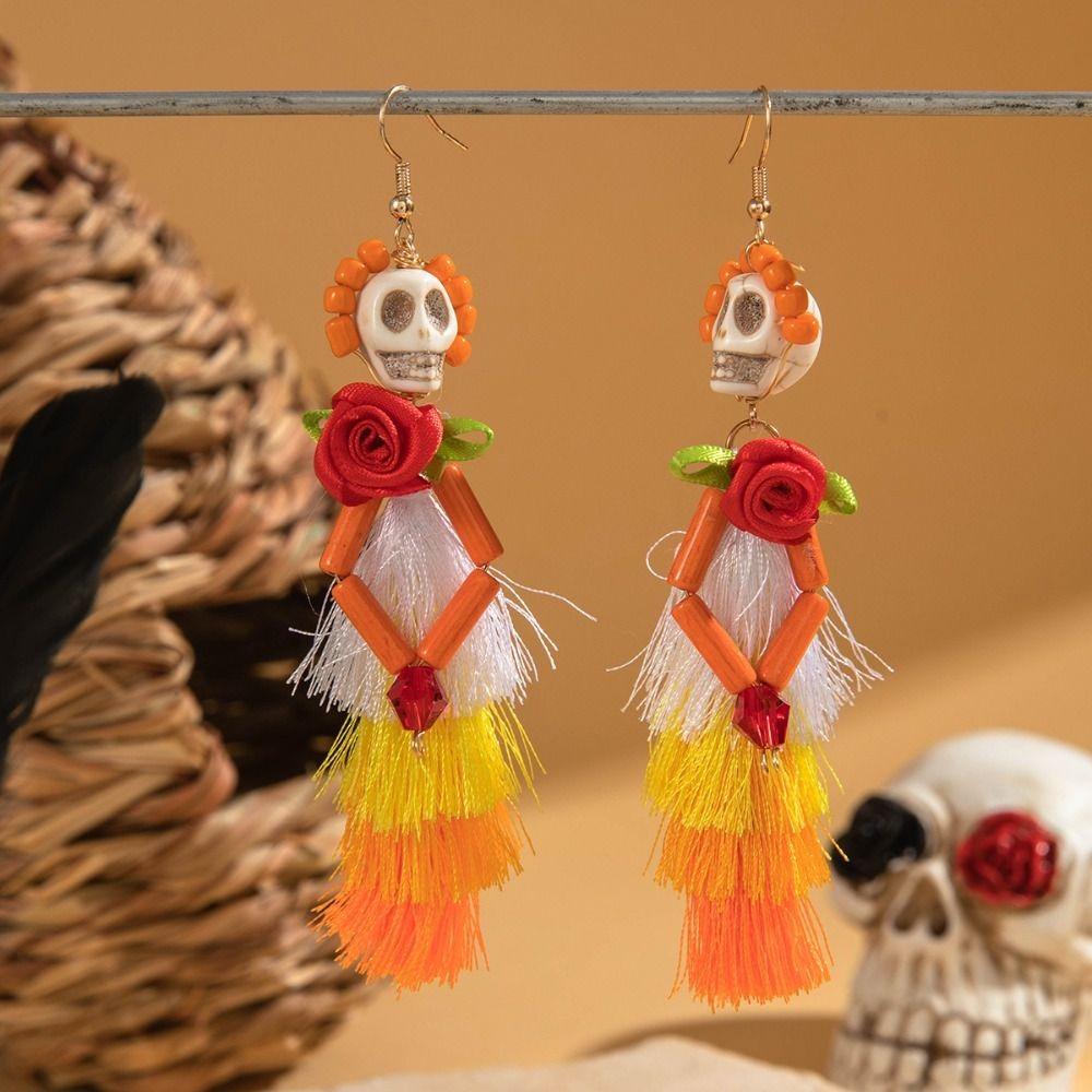 Rice Bead Skull Drop Earring Colorful Ear Jewelry Accessories Trendy Halloween Earrings Hipster