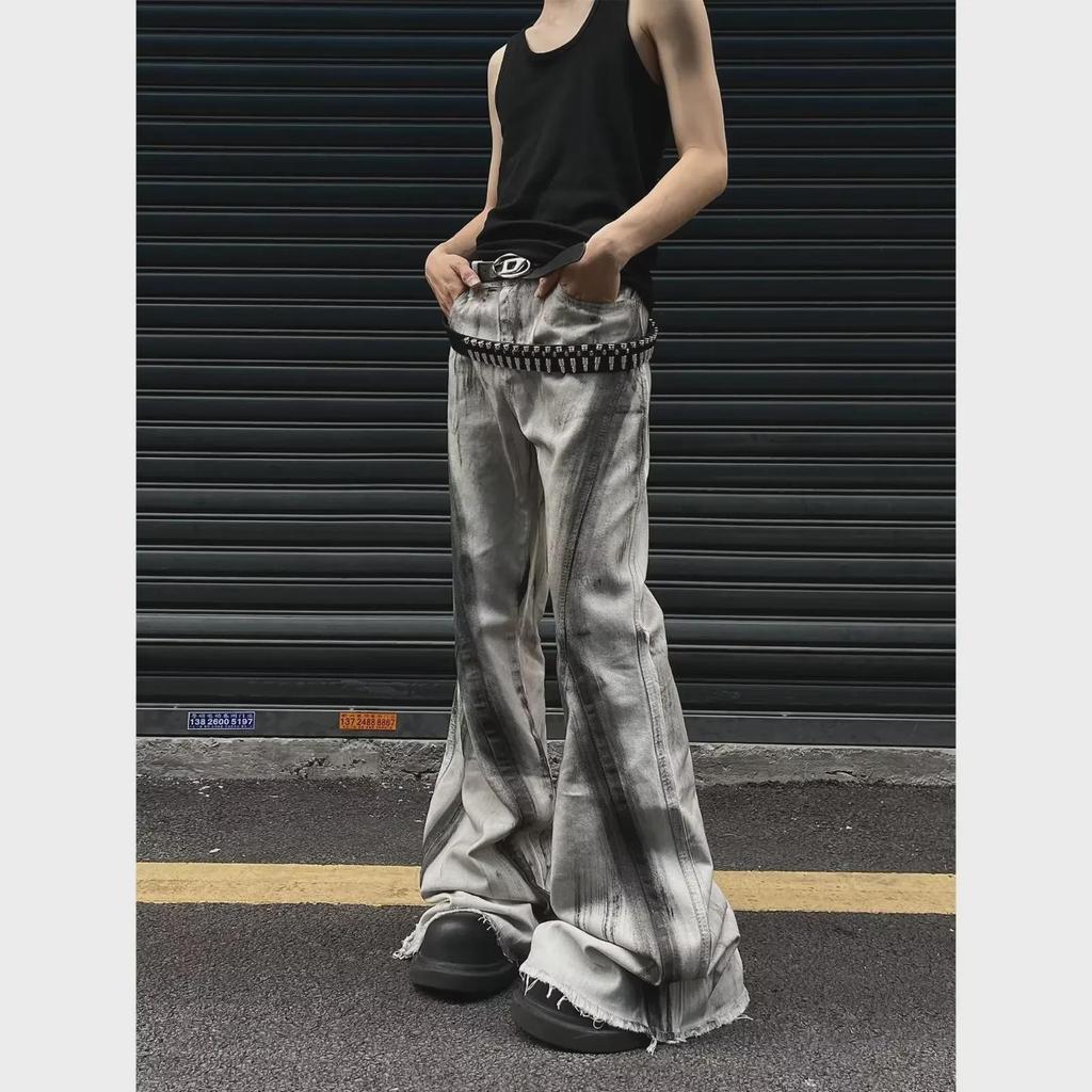 Мужские джинсы-клеш с эффектом потертости в стиле ретро с градиентом - Niche High Street Slim Fit Pants