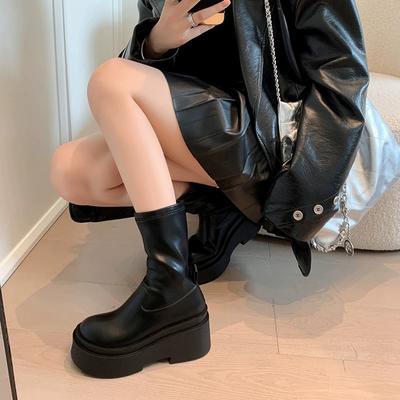 Женские рыцарские сапоги 2025 осень и зима новые сапоги-сигареты рыцарские сапоги универсальные тонкие сапоги на высокой толстой подошве маленькие короткие сапоги