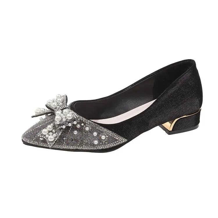 Fashion Pointy Bow Single Shoes Women 2025 New Crystal Pearl Rhinester Bridesmaid High Heel Work Shoes