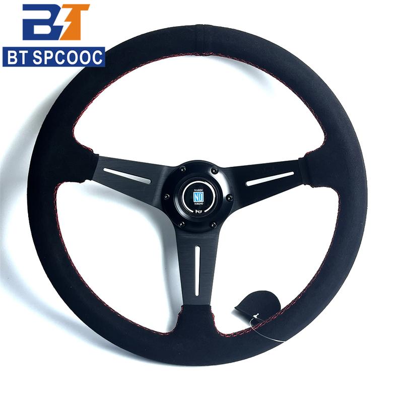 N 14inch Steering Wheel Car Sport Deep Dish Perforated Leather/Suede Steering Wheels 350mm Red Line 3 spoke