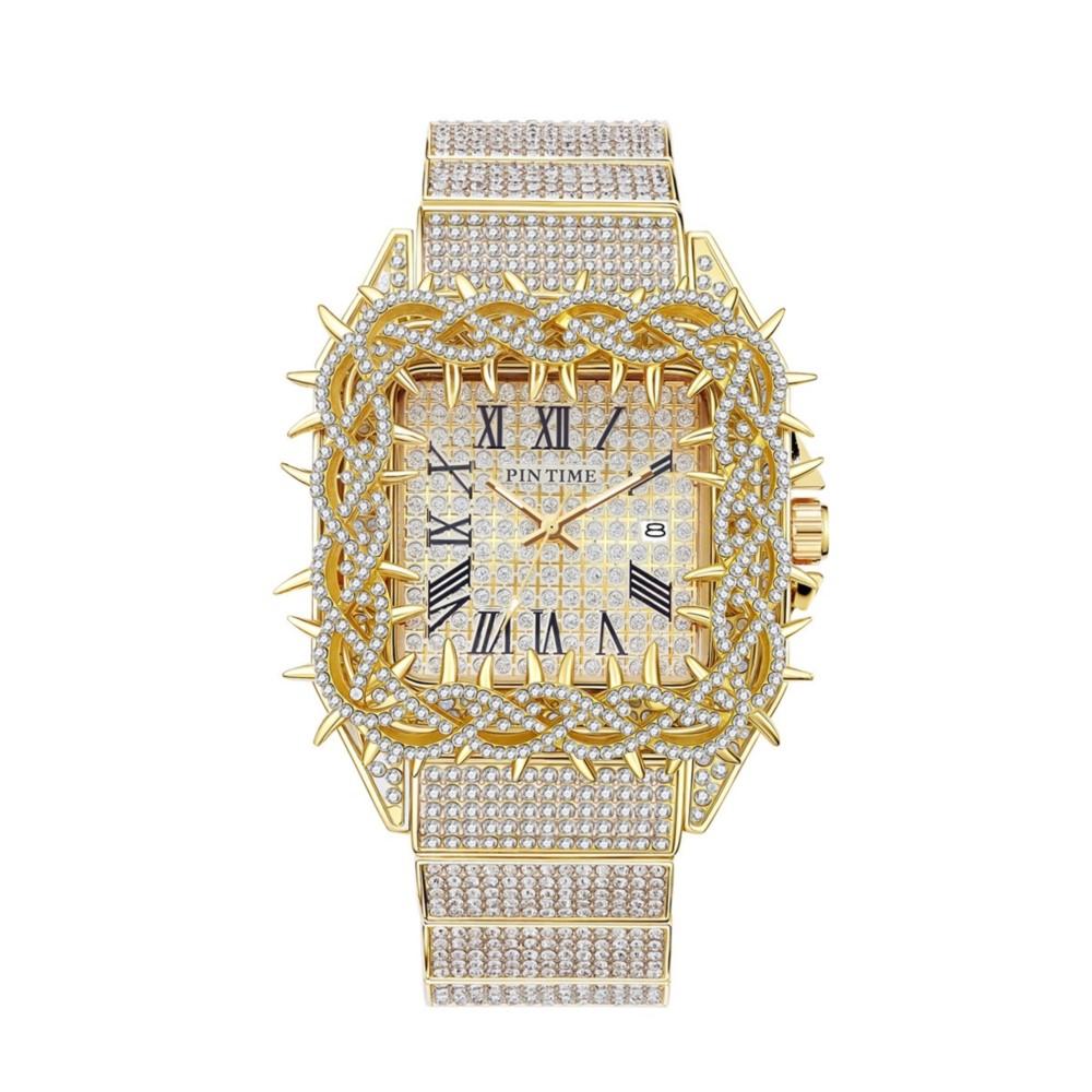 Luxury Crystal Diamond Watch for Men Iced Out Bling Quartz Wristwatch Unique Thorns Frame Design Arabic Numerals Dial Date Clock