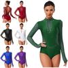 S-XXL Женский гимнастический/фигурное катание боди с длинным рукавом, открытой спиной, сетчатой вставкой, блестящими стразами, трико для балета, спортивных танцев, соревнований