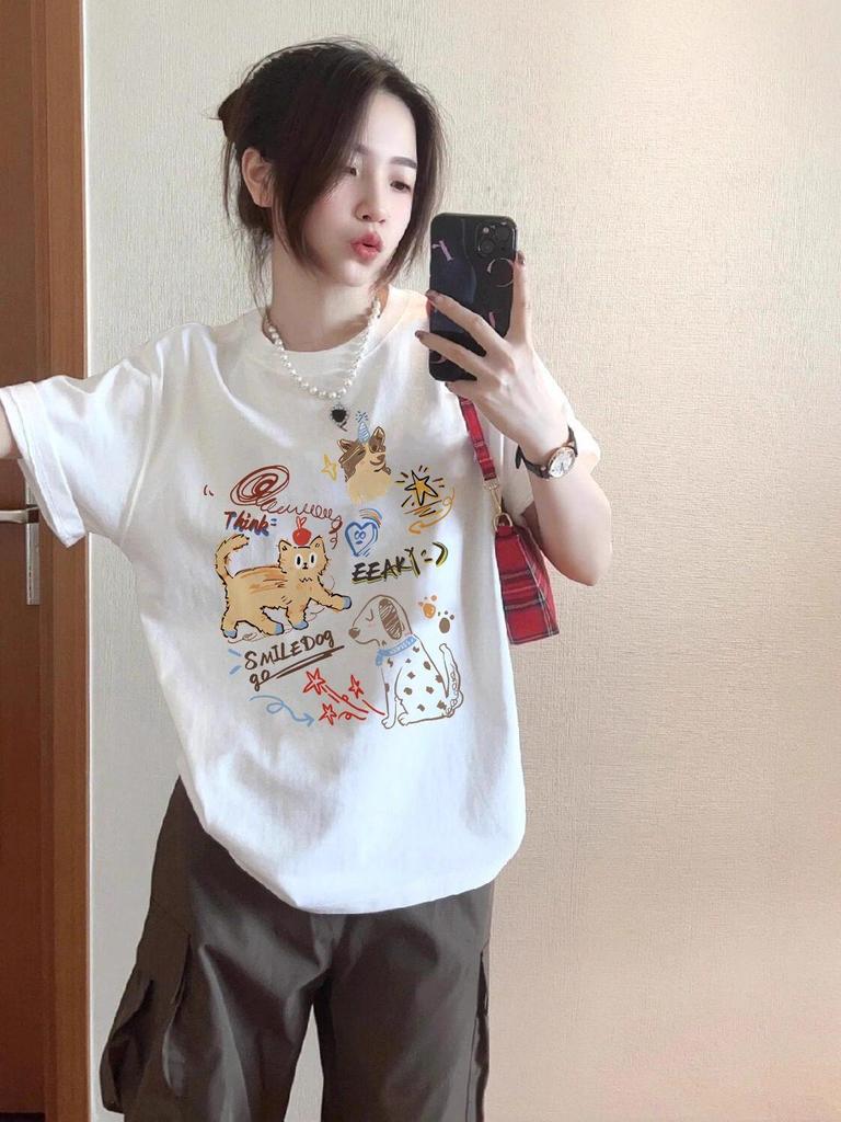 Женская летняя свободная повседневная футболка большого размера с американским мультяшным принтом, короткий рукав