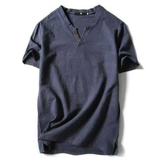 Мужская льняная футболка свободного кроя с V-образным вырезом - ретро, с короткими рукавами, однотонная, большого размера
