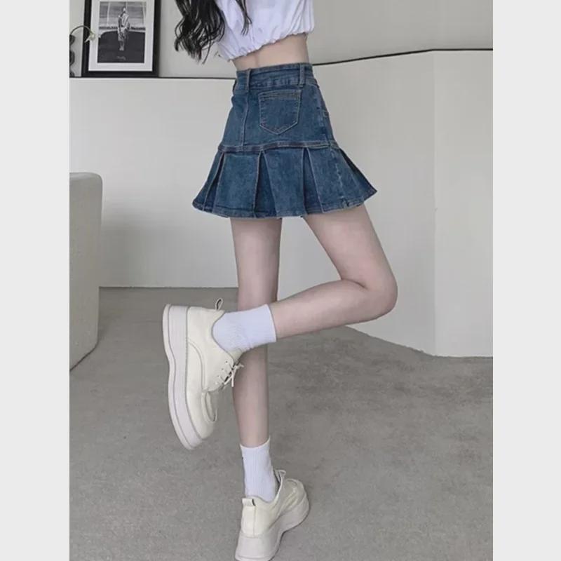 High-Waist Pleated Denim Skirt: 2023 Spring/Summer Slim A-Line Short Skirt for Women