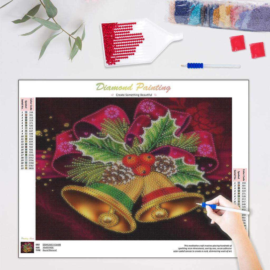 Алмазная картина, Рождественский колокольчик, кулон, полная круглая Алмазная вышивка, мультяшная мозаика, комплект со стразами, декор для дома 30x40 см/12x16 дюймов
