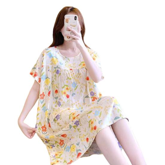 Женская ночная рубашка свободного покроя с цветочным принтом, круглым вырезом, плиссированная, с короткими рукавами, длиной до колена, домашняя одежда, повседневное платье миди, женская ночная рубашка, платье миди