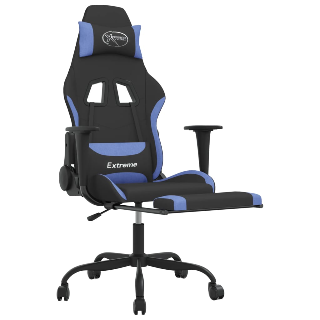 Gaming Chair with Massage Function and Footrest Black and Blue Fabric