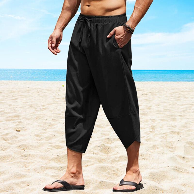 Мужские хлопковые льняные шорты 3/4 свободного кроя, брюки-бермуды, короткие летние длинные повседневные брюки