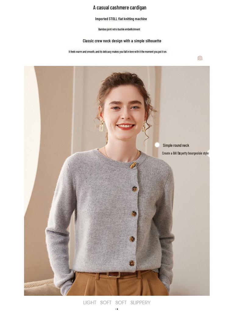 Women's Red Cashmere Round Neck Cardigan - Solid Color, Side Button, Loose, Slimming Knit Outerwear