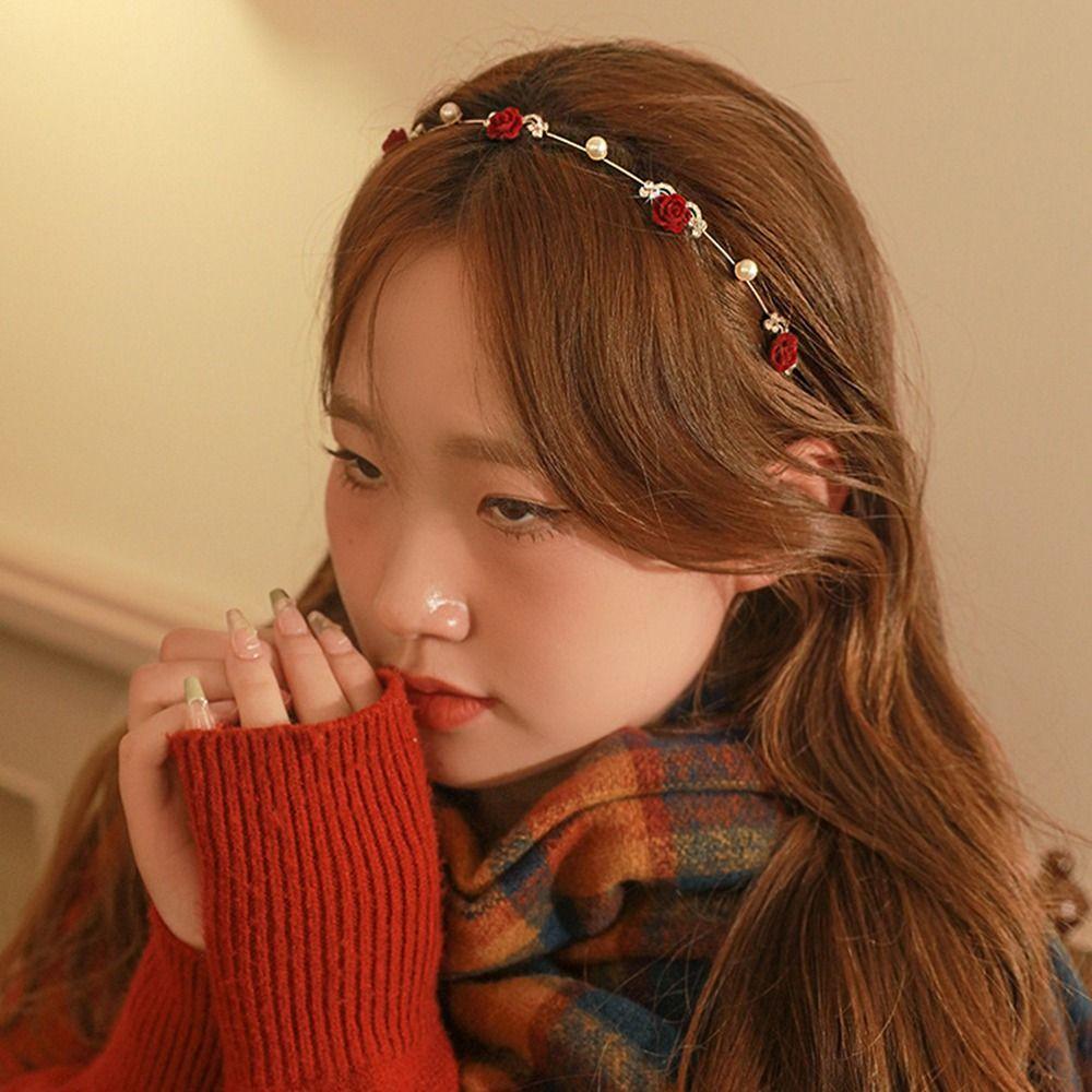 French Red Rhinestone Female Hair Accessories Pearl Hair Hoop Korean Style Headwear Rose Headband
