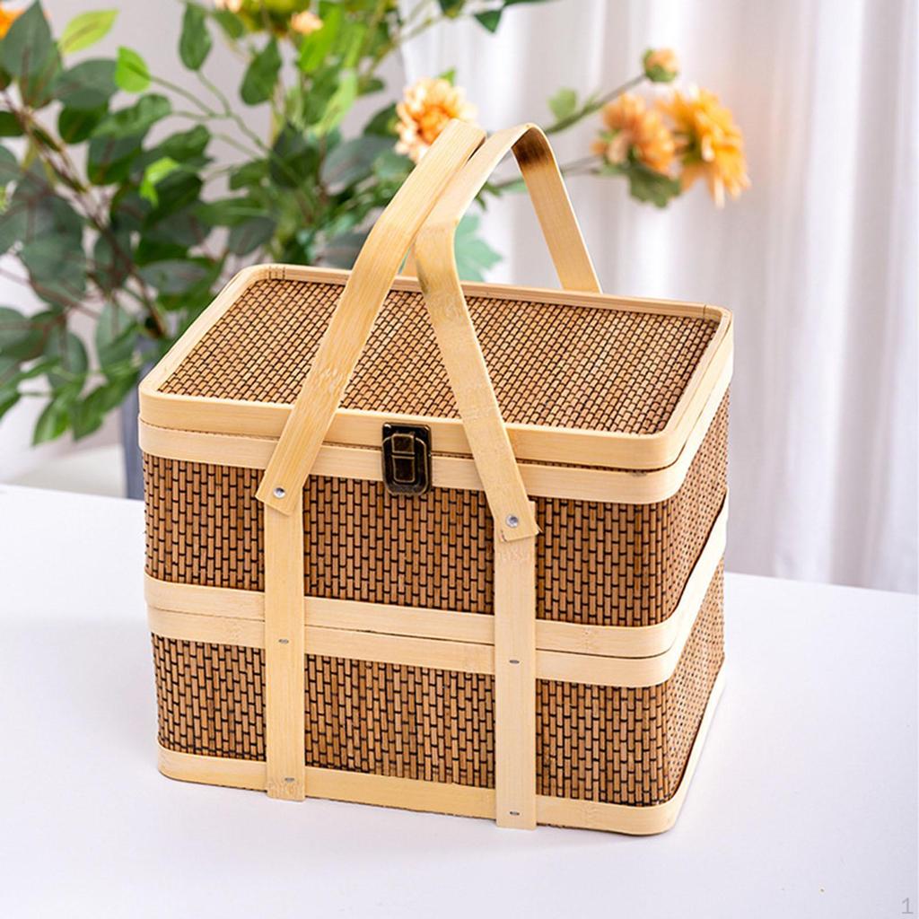 Picnic Basket Bamboo Double Layer Classical Egg Container Hamper Food Storage