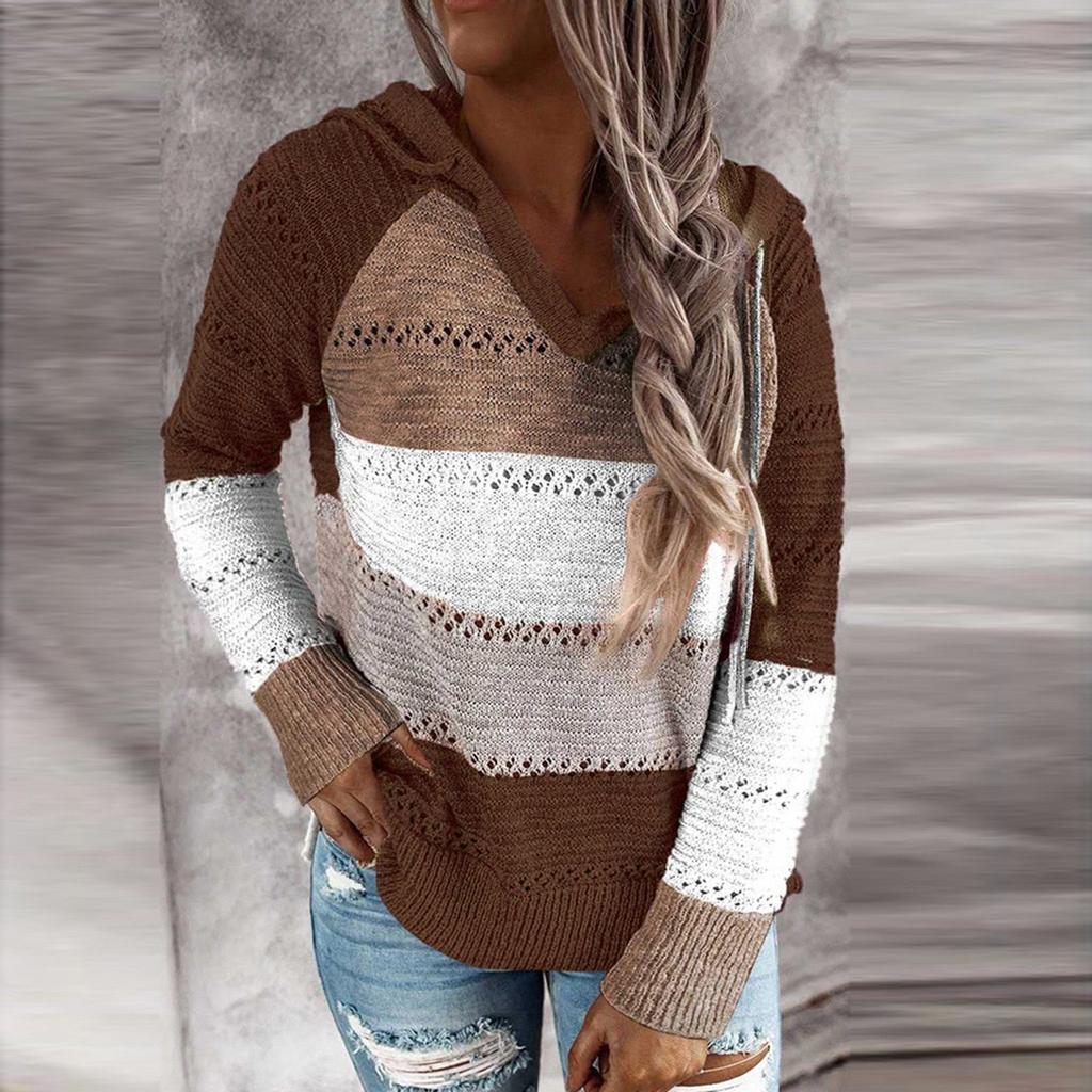Fashion Women Casual Patchwork V-Neck Long Sleeves Hooded Sweater Blouse Tops