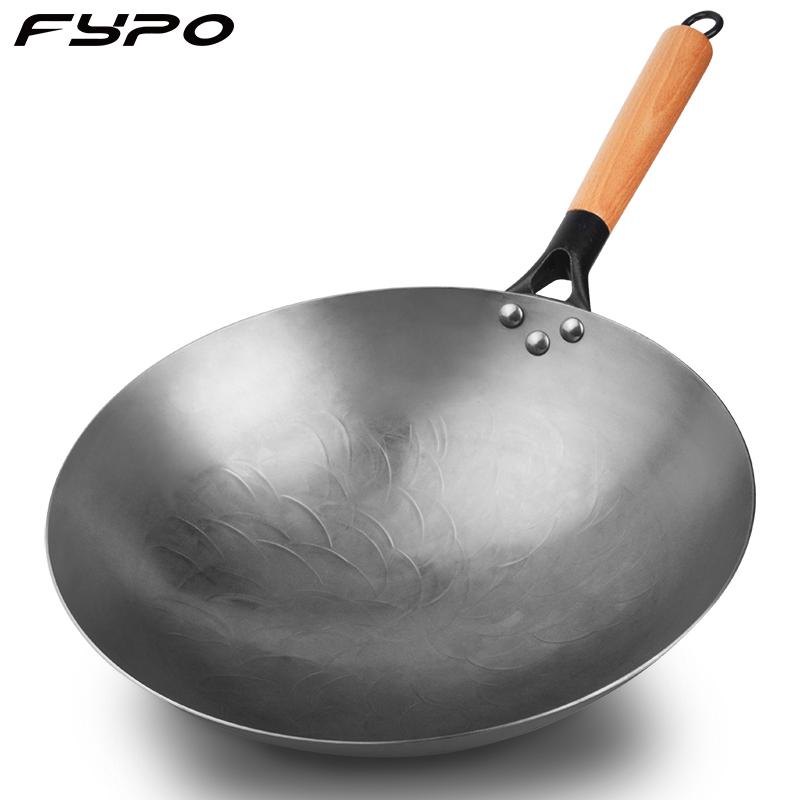 Fypo Handmade Chinese Cast Iron Wok Smokless Cookware Uncoated Iron Pot Frying Pan Antiprigar Kitchen Pot Skillet Wok