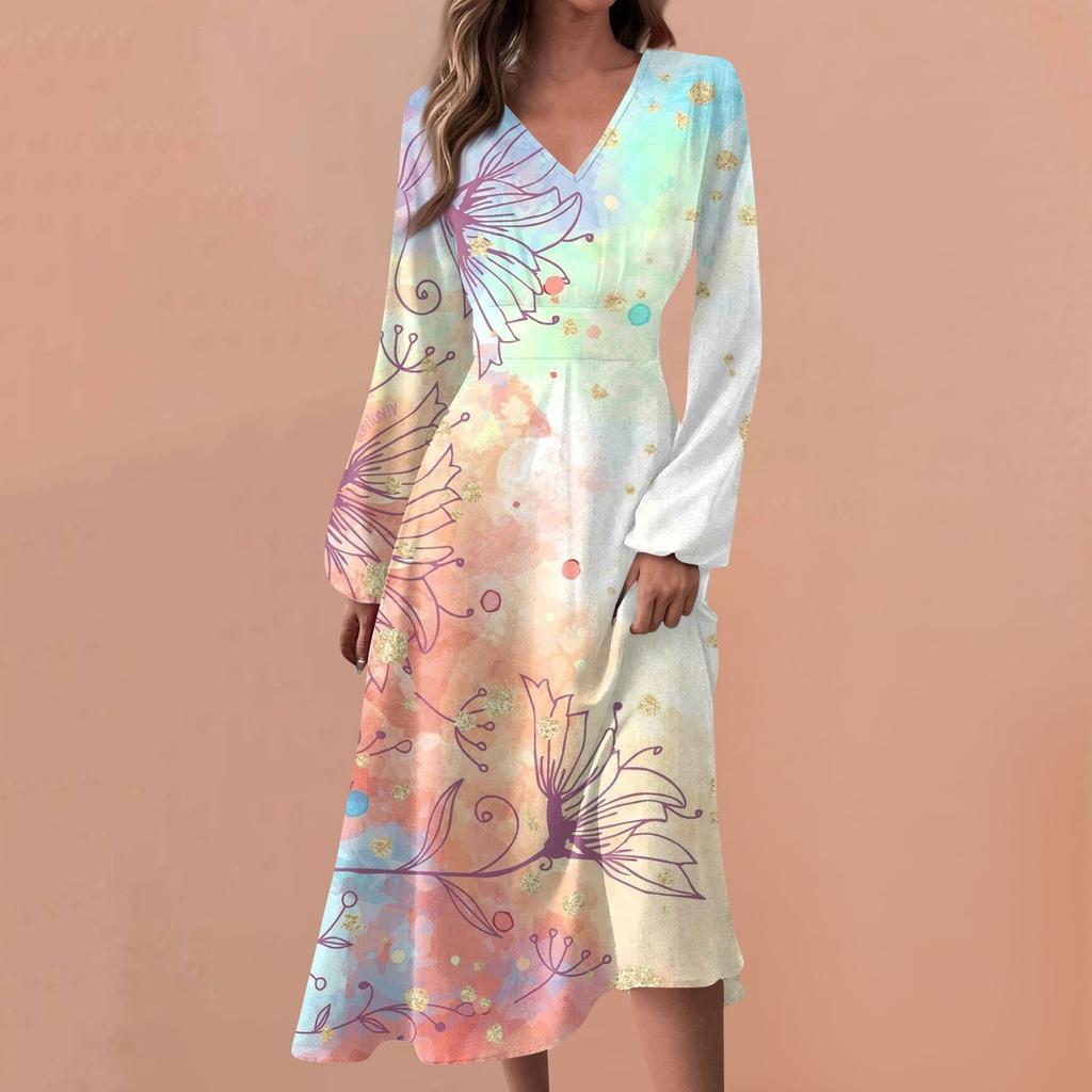 Женские весенне-осенние повседневные модные длинные платья с v-образным вырезом и длинным рукавом с градиентным принтом