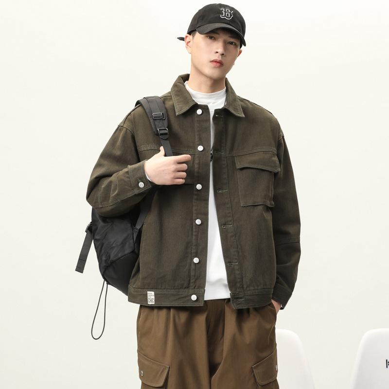 Spring High-End Denim Jacket Men'S Loose Large Size Fat Trendy Brand Army Green Retro Youth Tooling Jacket Denim