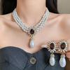Цветочный Страз Капля Имитация Жемчуга Ожерелье Серьги Набор Французский Стиль Цепь Ювелирные Наборы для Женщин