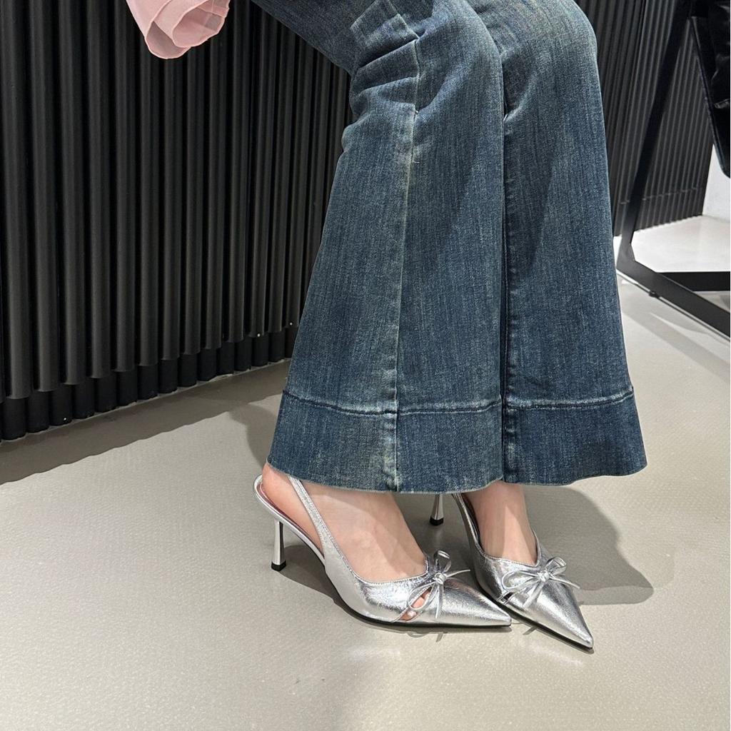 Pointed Bow Bag Head Sandals Women's 2025 Summer New Back Strap French Stiletto Middle Heel Shoes High Heel Single Shoes