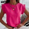 Женские модные повседневные летние однотонные блузки и рубашки с круглым вырезом и короткими рукавами с принтом