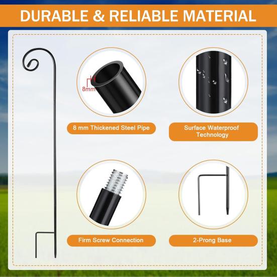 Outdoor Shepherd Hook Heavy Duty Metal Garden Hook with 2-Prong Base Detachable Shepherds Hook for Solar Lights Plant Baskets Lanterns Bird Feeders