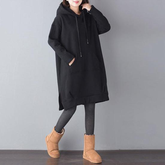 Женская толстовка с капюшоном на осень-зиму с большим карманом, завязками на шнурке, разрезом по низу, однотонная, свободная длина до колена