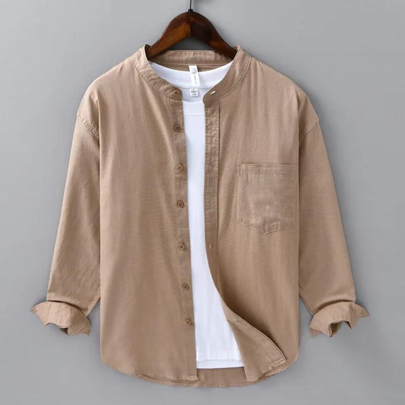 Рубашки из хлопка и льна простого стиля для мужчин Весна Лето Повседневная рубашка с длинным рукавом Карман Воротник-стойка Однотонная рубашка Пляжная Дышащая Мужская Топ
