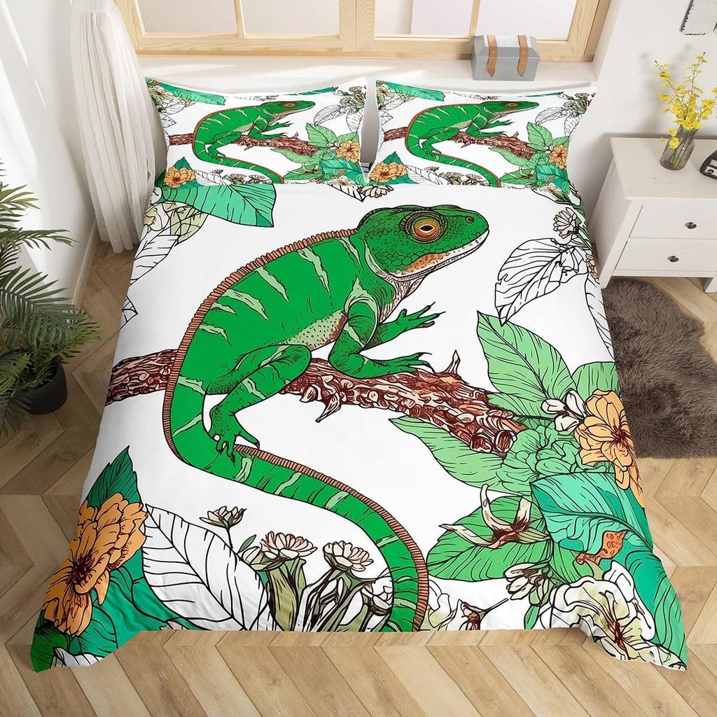 Lizard Reptiles Duvet Cover Gift For Boys Girls Funny Gecko Bedding Set Full Queen Microfiber Cute Animal Theme Comforter Cover