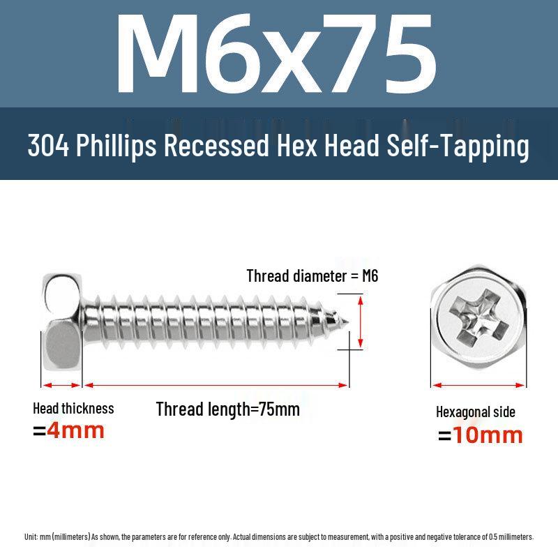 Yigu 304 Stainless Steel Phillips Recessed Hex and Slotted Self-Tapping Screws for Wood, M3-M8
