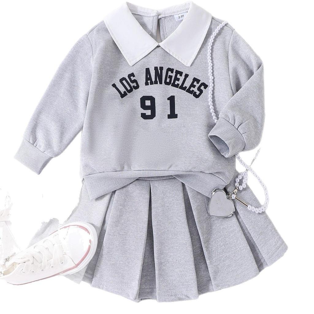 Комплекты для девочек Весна/Лето Детская толстовка с длинными рукавами с буквенно-цифровым принтом + плиссированная юбка