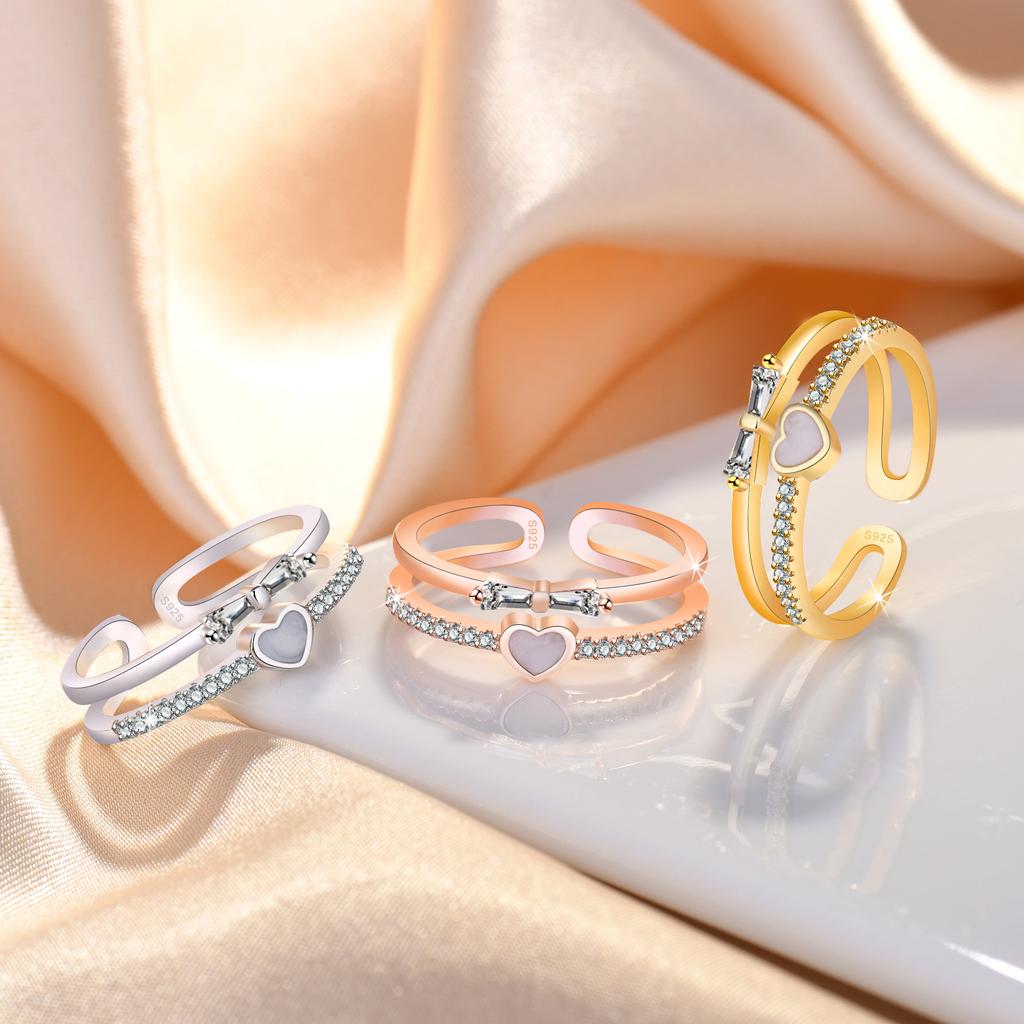 Fashion Ladies Crystal Love Heart Adjustable Open Rings Jewelry