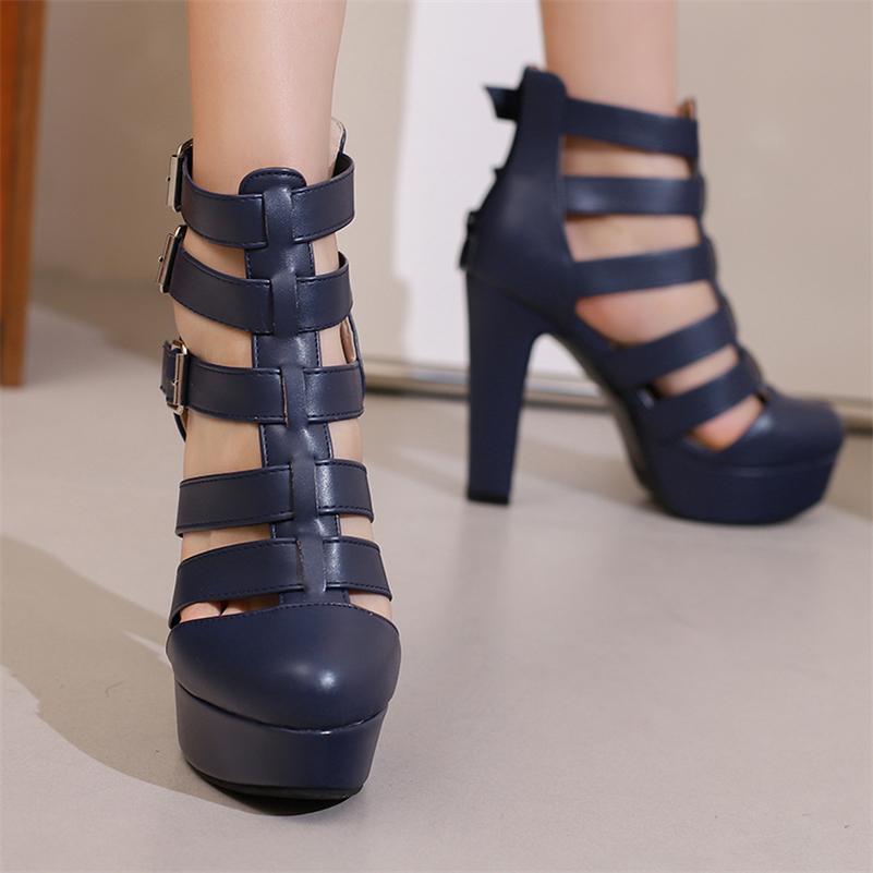 ANNYMOLI женские босоножки с ремешком на щиколотке, круглый носок, толстый высокий каблук, пряжка, платформа, молния, сексуальная женская модная обувь, летняя синяя 46