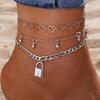 Summer Silver Diamond Anklet Beach Anklet Matching Jewelry Gift Multi-Layered Tassel Chain Lock Pendant Anklet Set of 3