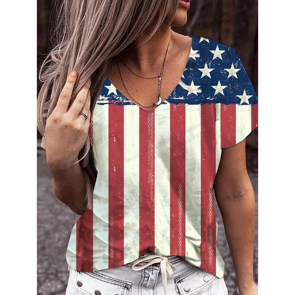 American Flag 3d Print T-shirt Women Fashion V-Neck T-shirts Short Sleeve Tops Tees Loose Casual Tees