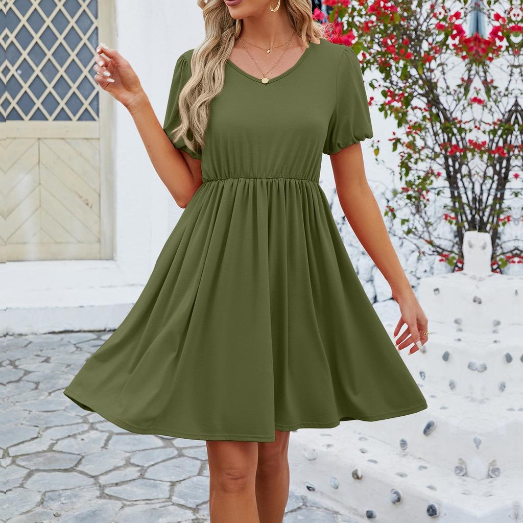 Women's Solid Colour V-Neck Puffy Sleeve Pleated Big Hem Dress Fashion Dresses