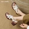 2024 Новые босоножки из натуральной кожи с ремешком сзади, женские туфли на квадратном среднем каблуке с металлическими украшениями, летние женские туфли на каблуках для женщин