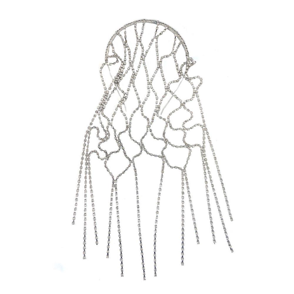 Сетчатая повязка на голову, инкрустированная стразами, длинная цепочка, свадебное украшение для головы, головной убор с кисточками, аксессуары для повязки на голову