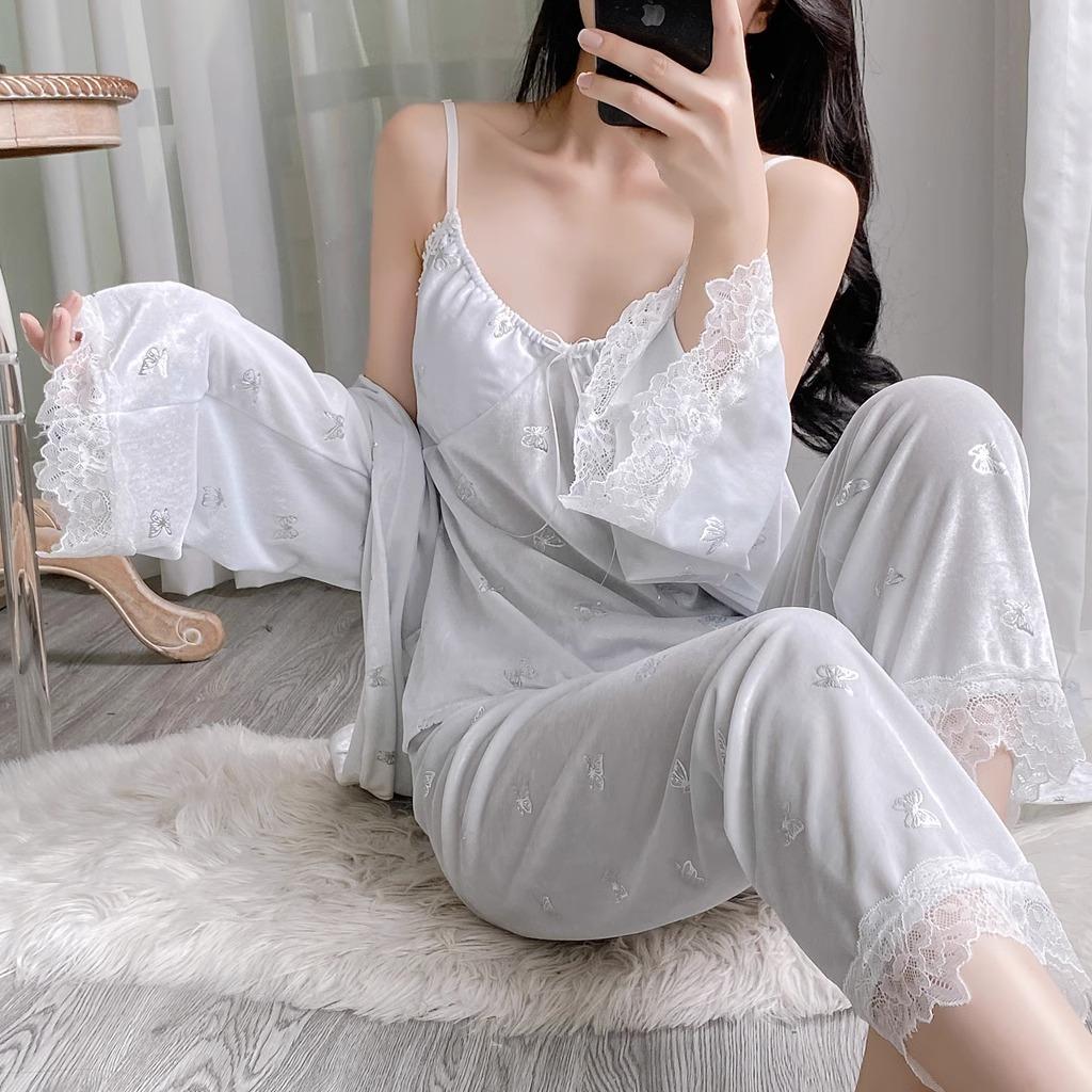 1011 new golden velvet pajamas three-piece autumn and winter long-sleeved trousers butterfly printing large-size set loungewear