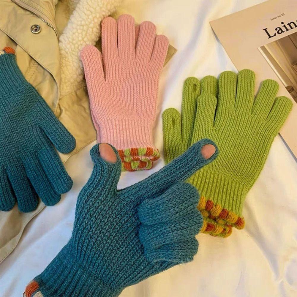Solid Color Women Knitted Gloves Windproof Student Winter Mittens Gloves Female