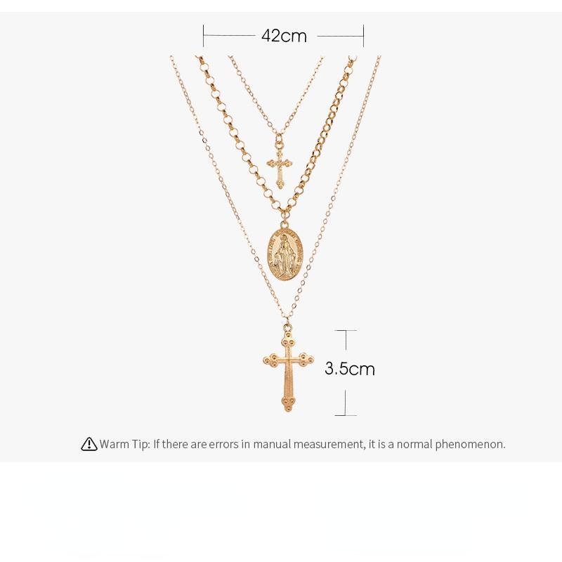 Многослойное ожерелье Популярное 3-слойное ожерелье с крестом Статуя Иисуса Кулон Металлическое ожерелье Комплект для девочек Модные аксессуары Свитер-цепочка